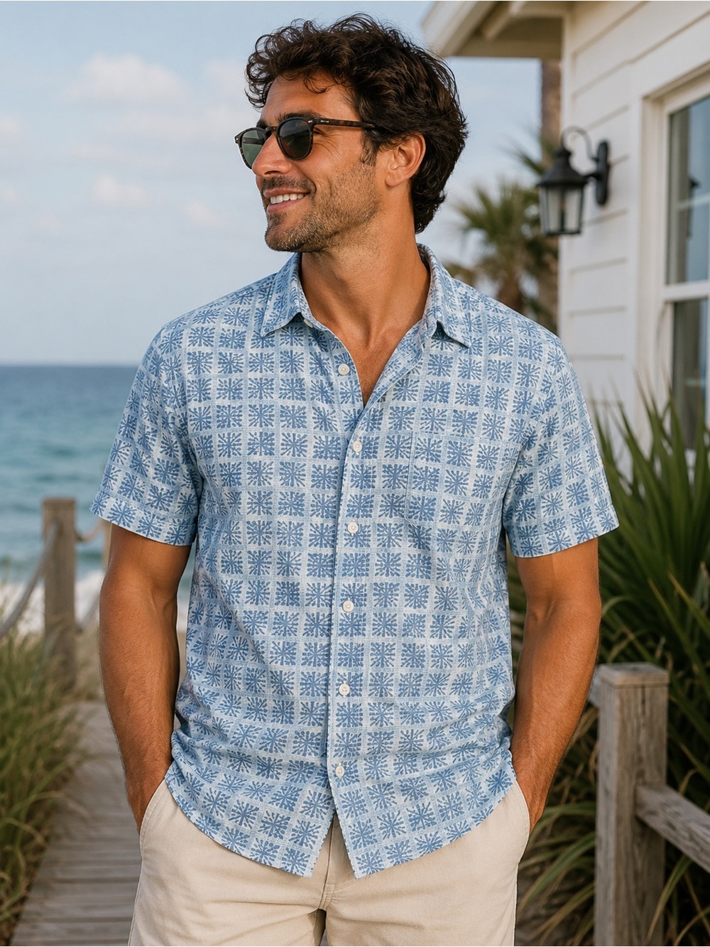 Mountain  and isles Casual Blue Patterned Button-Down Shirt
